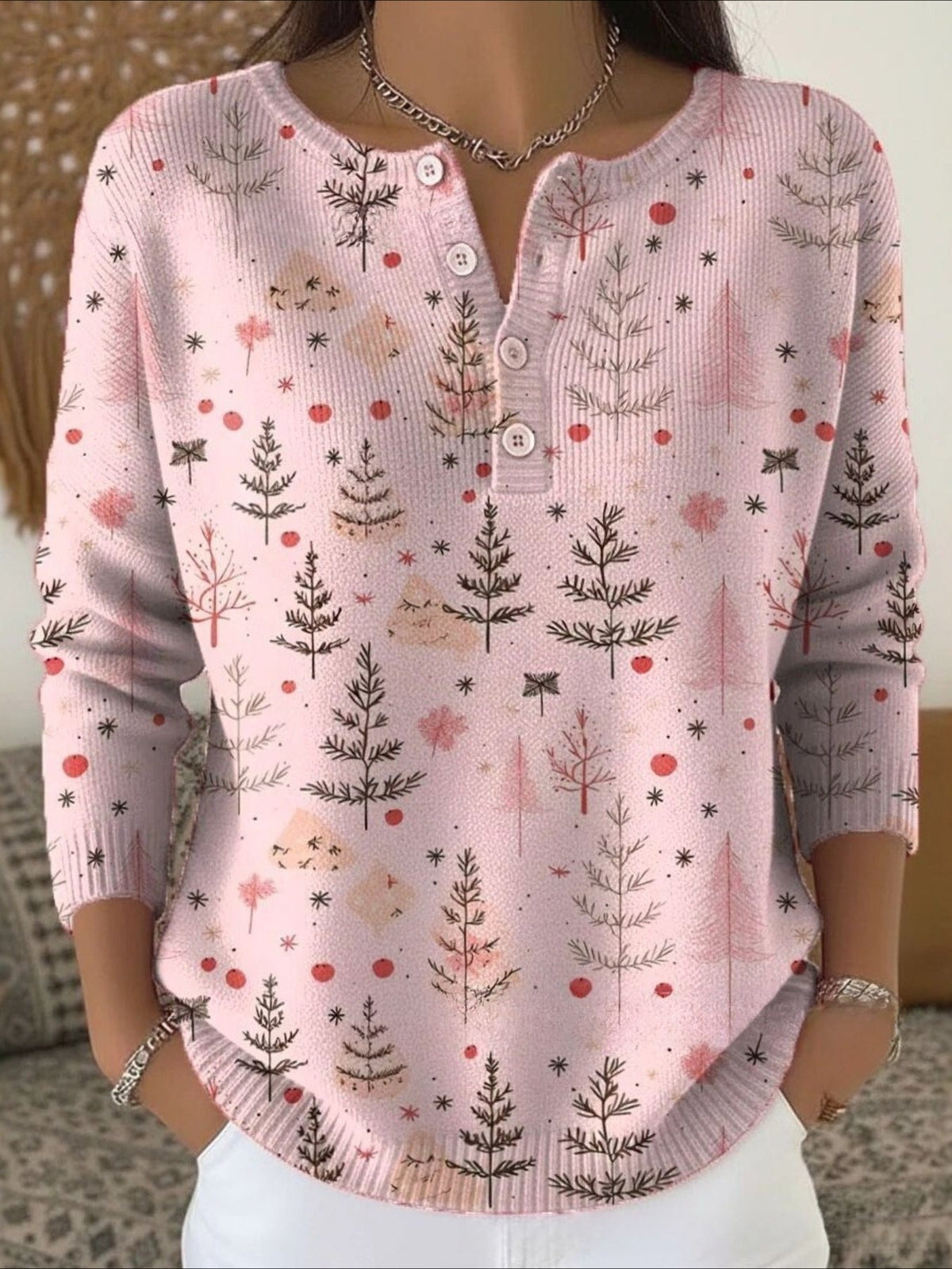 Christmas Tree Art Print Buttoned Sweater Tee