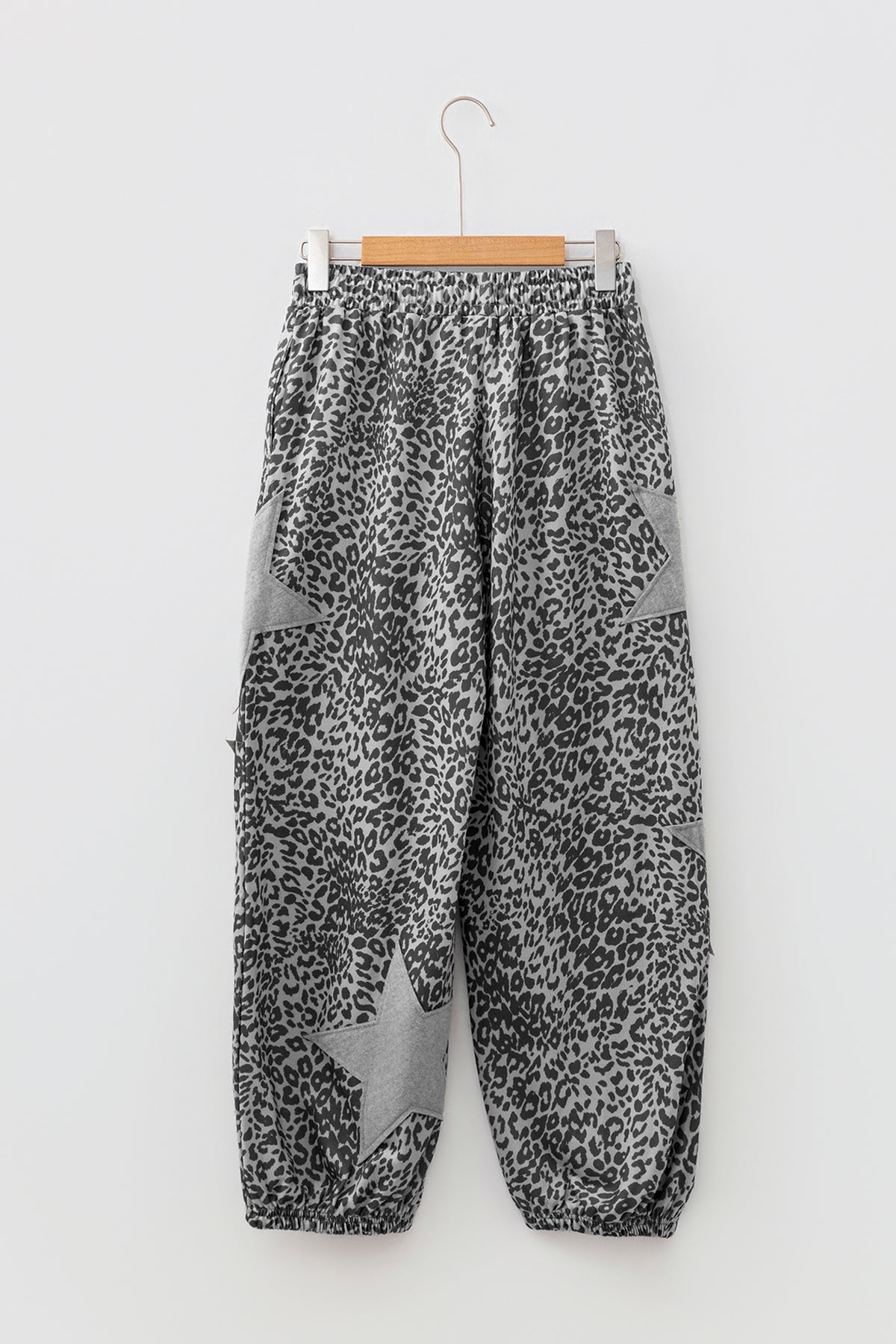 Gray Leopard Print Star Patched Drawstring Elastic Waist Jogger Pants