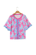 Rose Floral Print Ruffled Color Block Trim Half Sleeve Blouse