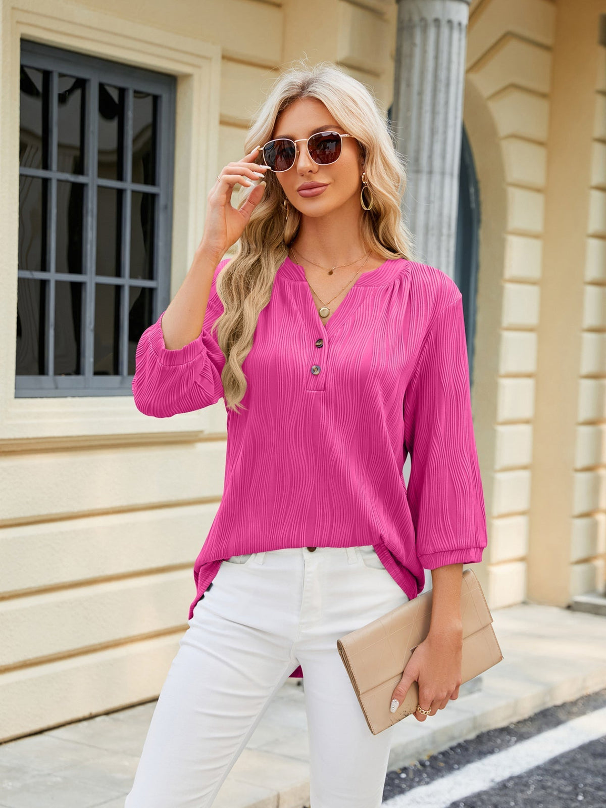 Loose Fit Work V Neck Buttons T-Shirts