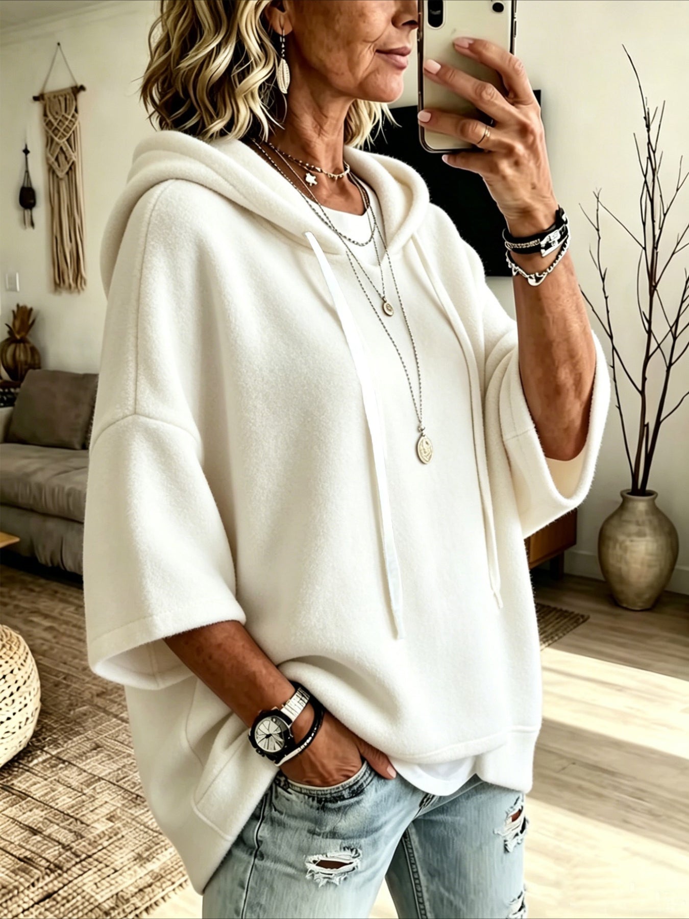Loose 3/4 Sleeve Hooded Drawstring Bat-sleeved Sweatshirt