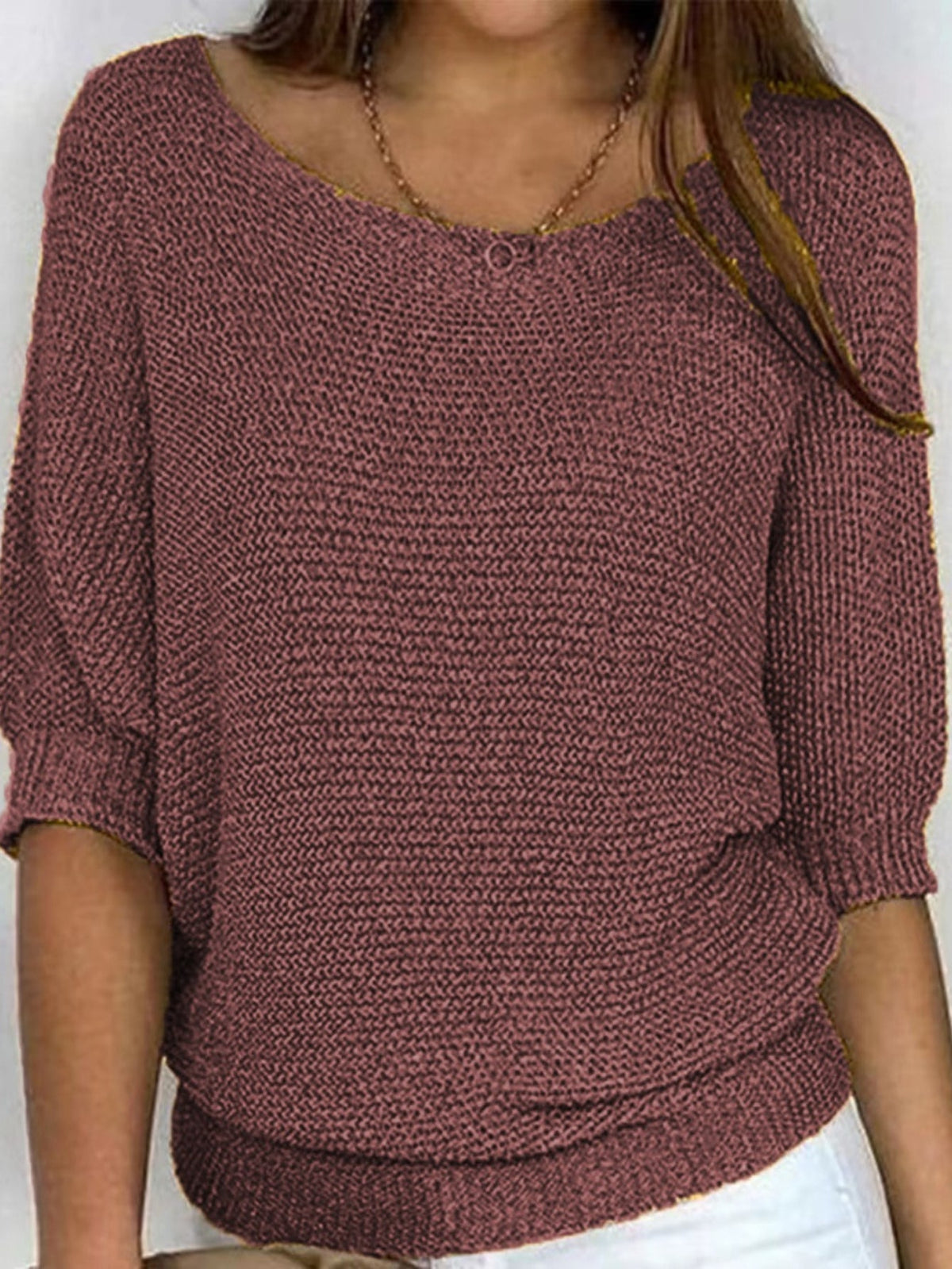 Solid Simple Knit Sweater, Casual Crew Neck 3/4 Sleeve Sweater