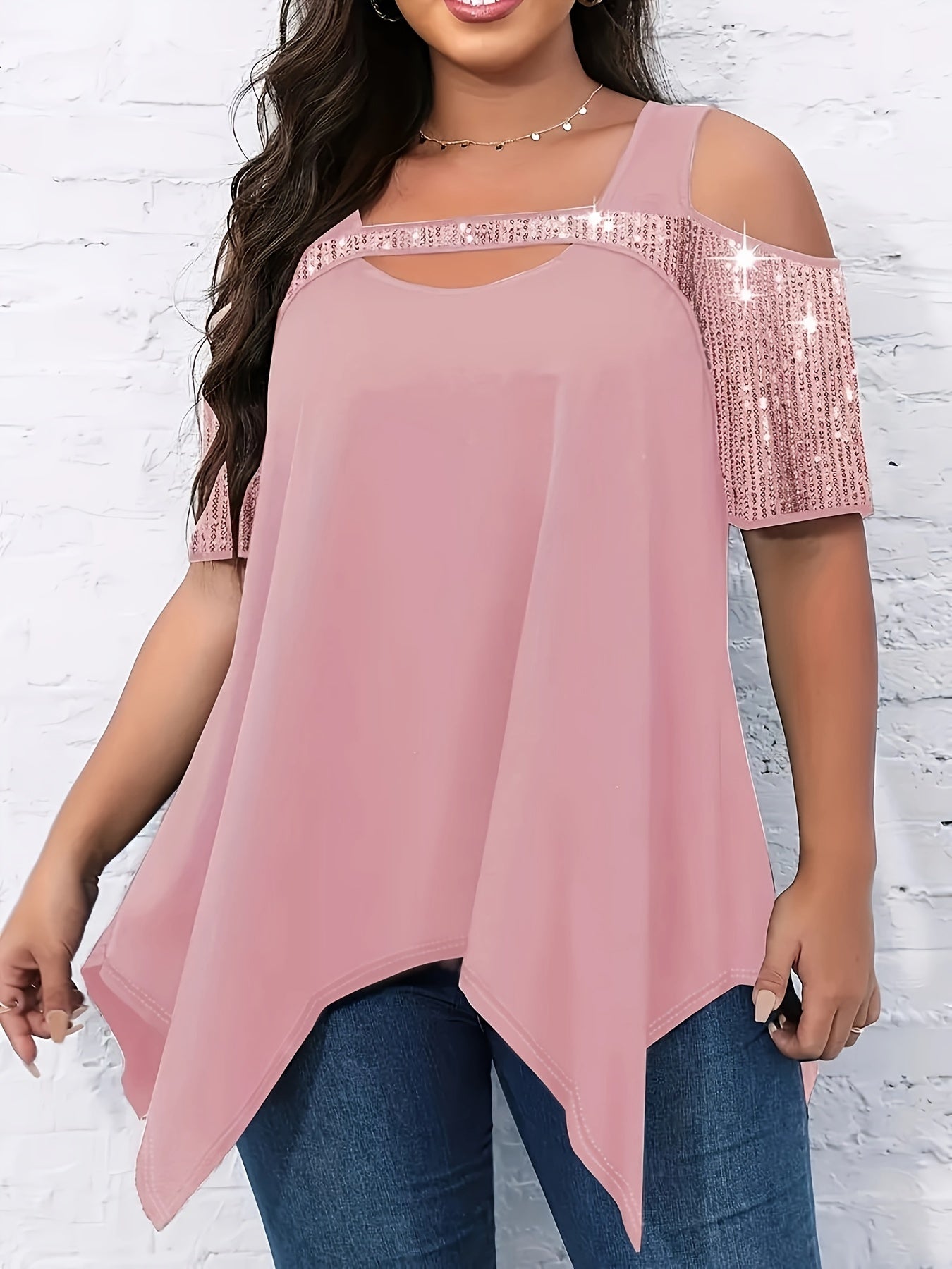 Casual Blouse, Women's Plain Rhinestone Cut Out Cold Shoulder Asymmetrical Hem Blouse