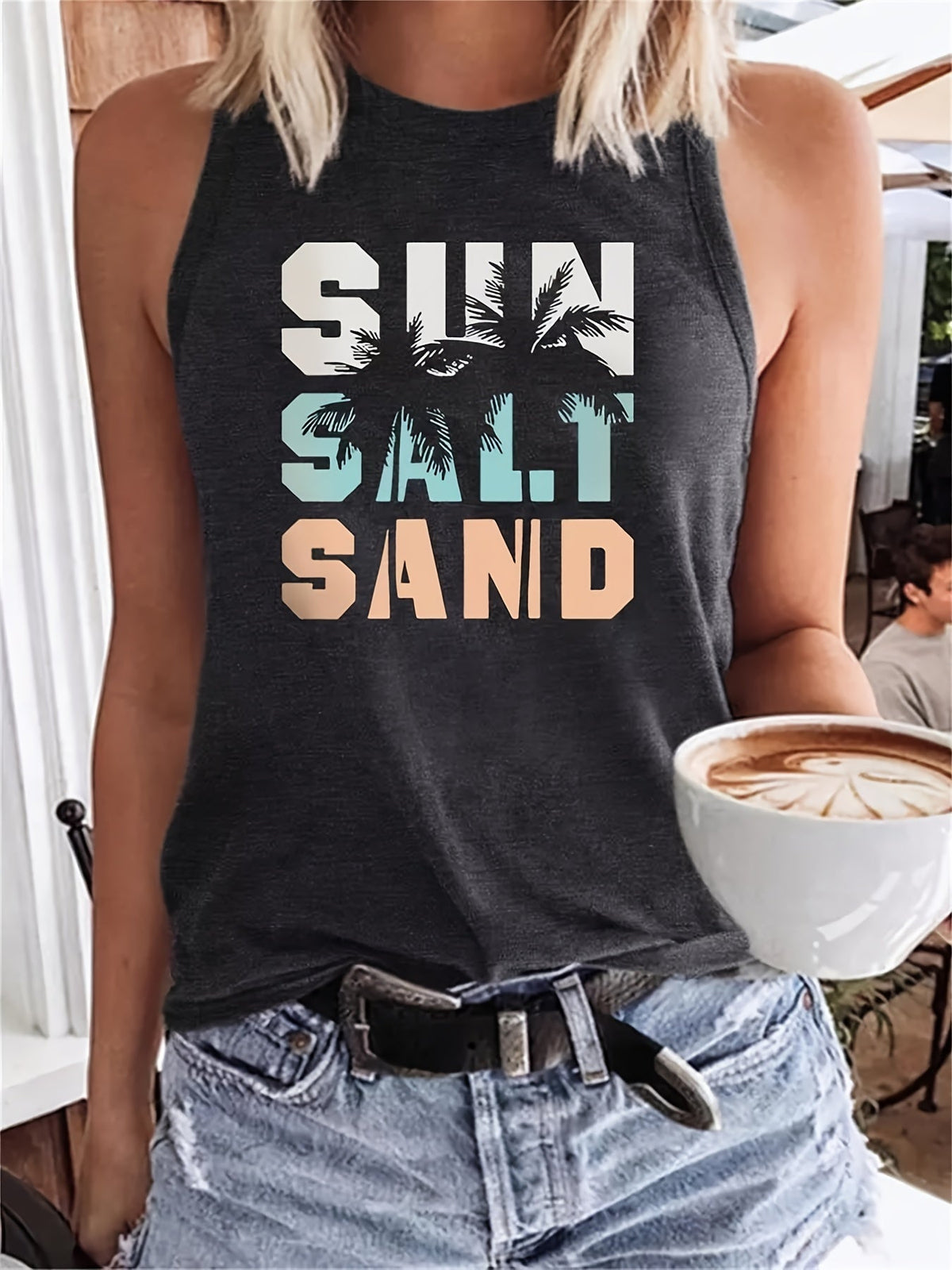 Sun Salt Sand Print Tank Top, Casual Sleeveless Crew Neck Beach Tank Top