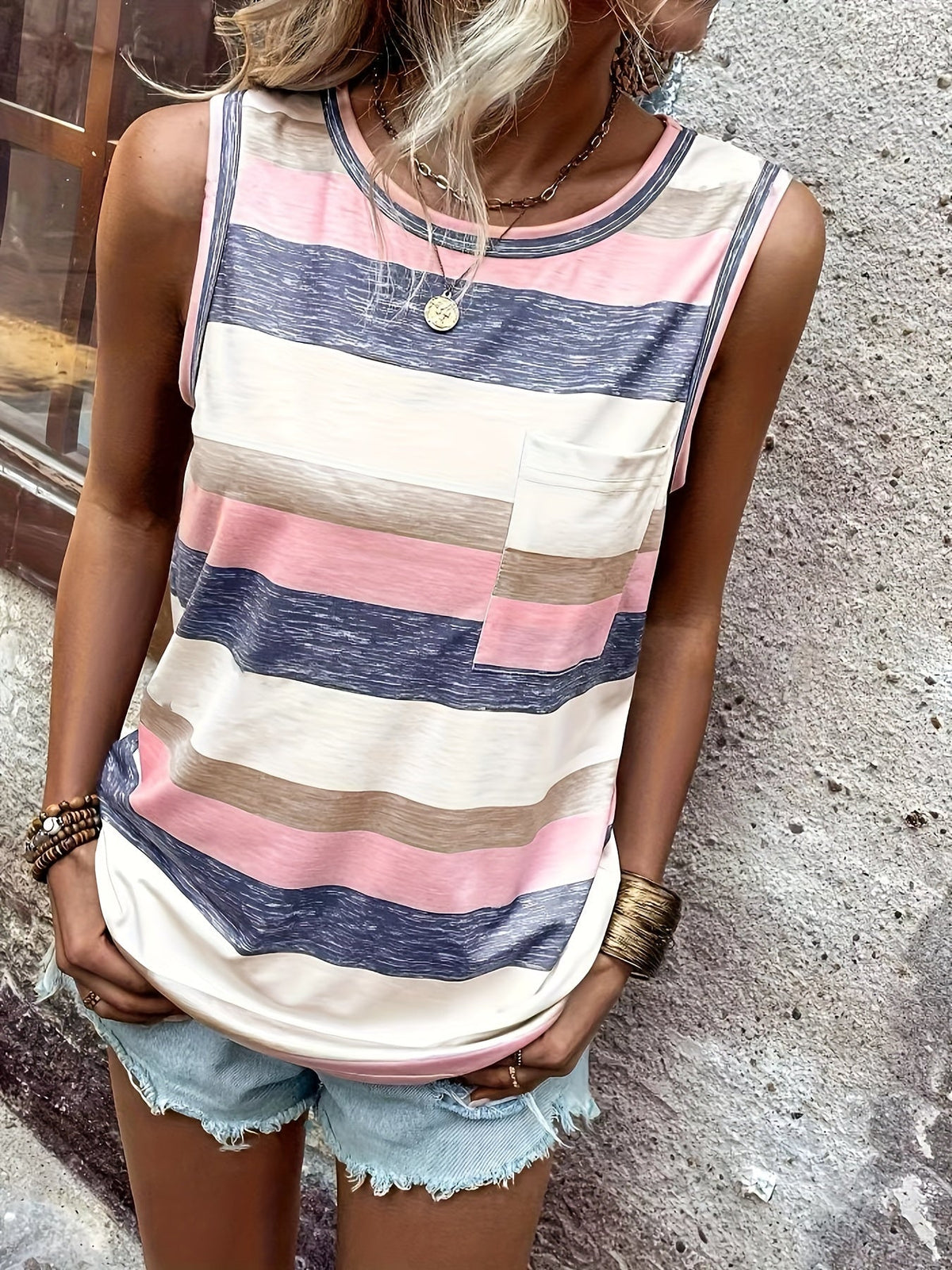 Striped Print Crew Neck Tank Top, Casual Sleeveless Patched Pocket Tank Top