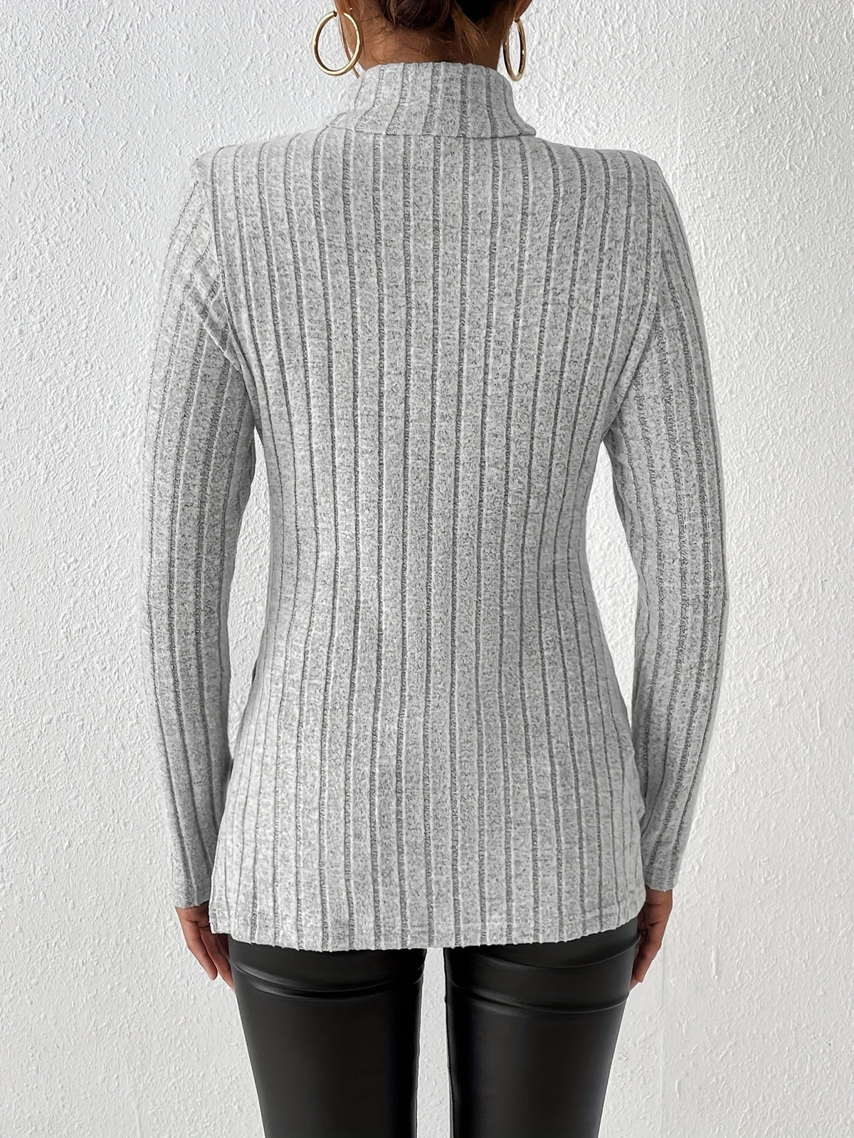 Solid Turtle Neck Rib Knit Top, Casual Long Sleeve Split Top