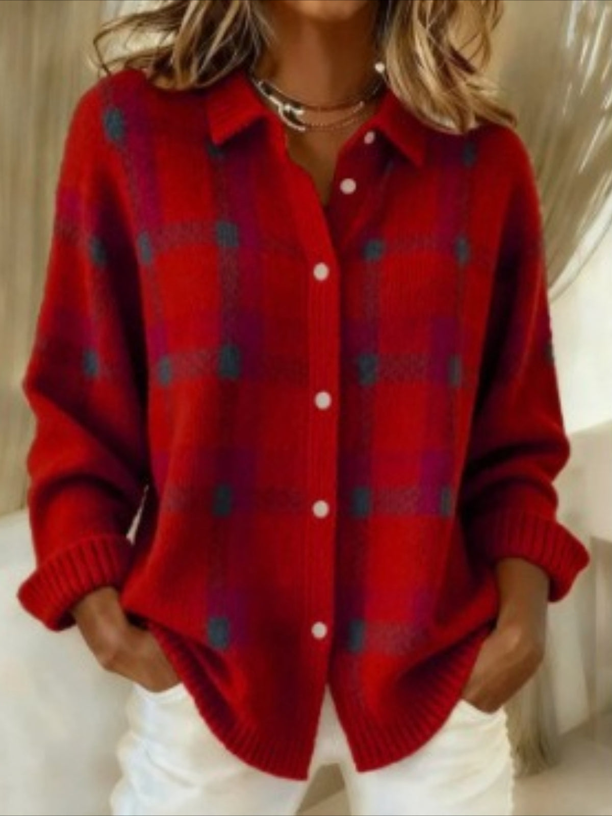 Plaid Collared Button-Up Knit Cardigan