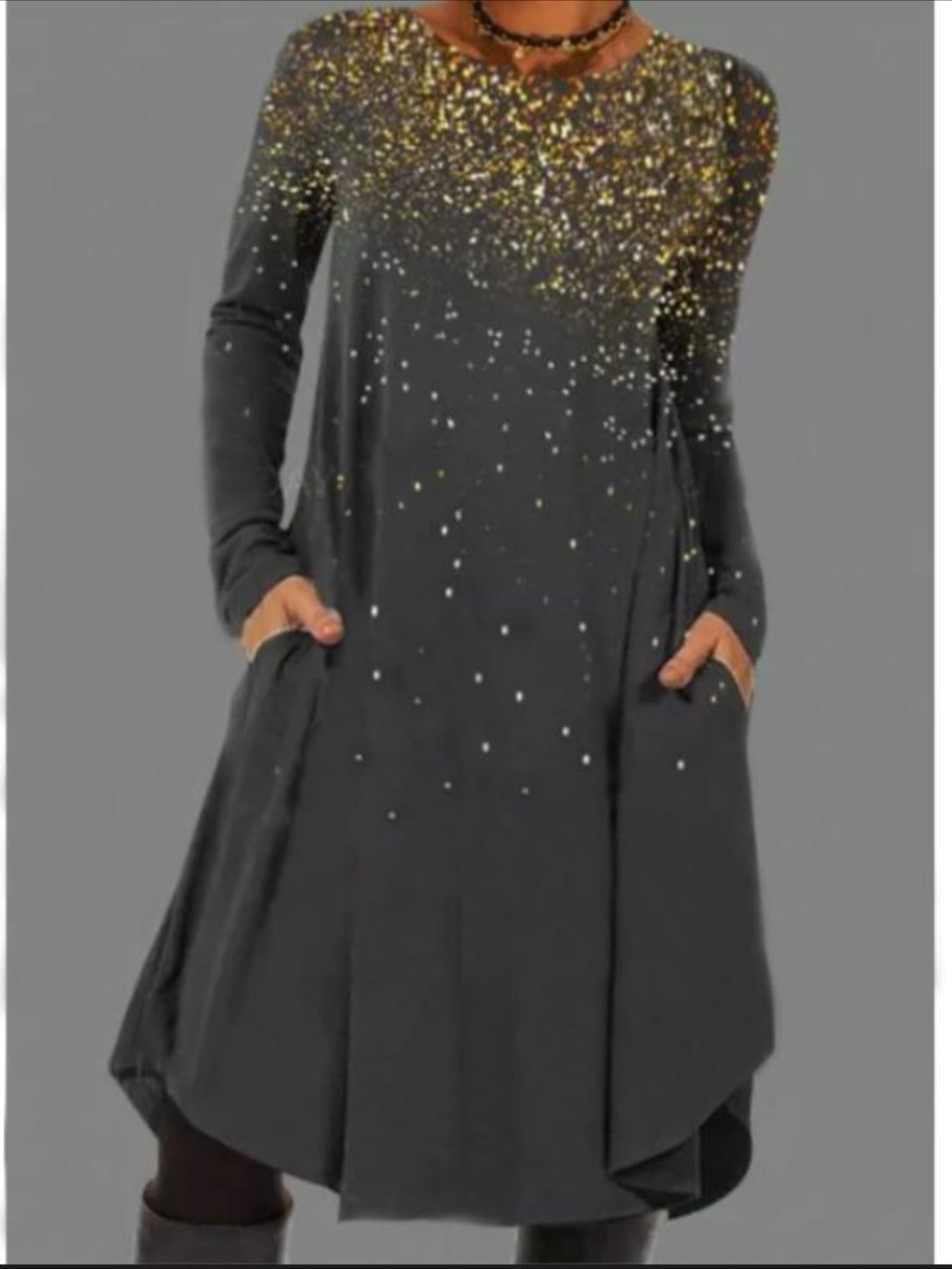 Graphic Print Dress with Long Sleeves and Pockets - Casual and Comfortable