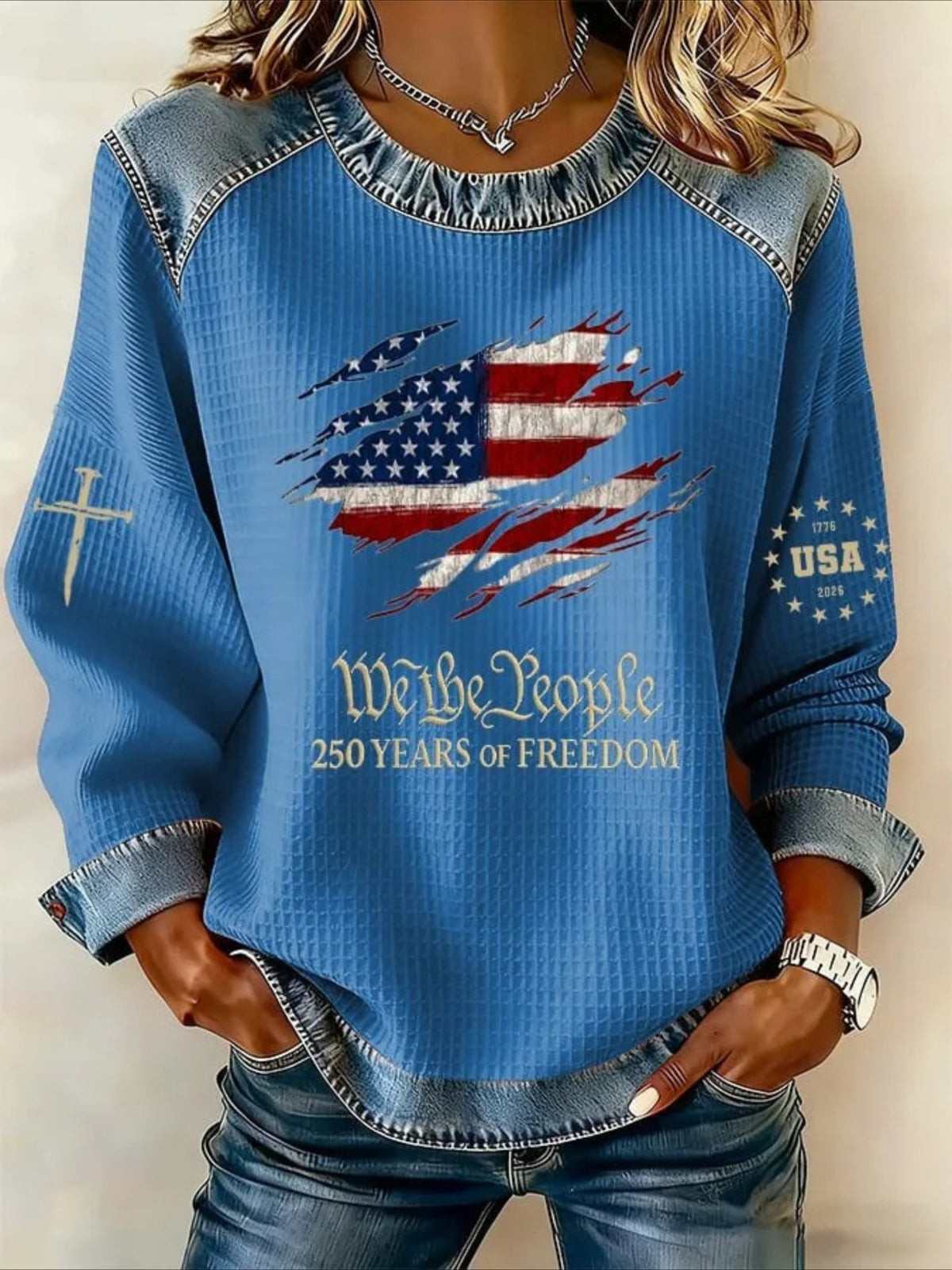 Denim Print Splicing Long Sleeve Crew Neck Sweatshirts