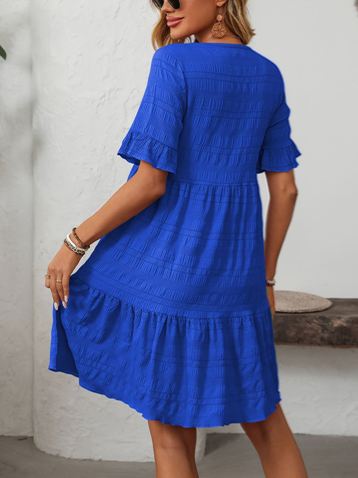 Square Neck Ruffle Detail Knee-Length Casual Short Sleeve Flowy Dress