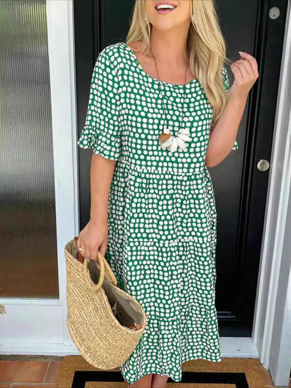Round Neck Print Short Sleeve Maxi Dress