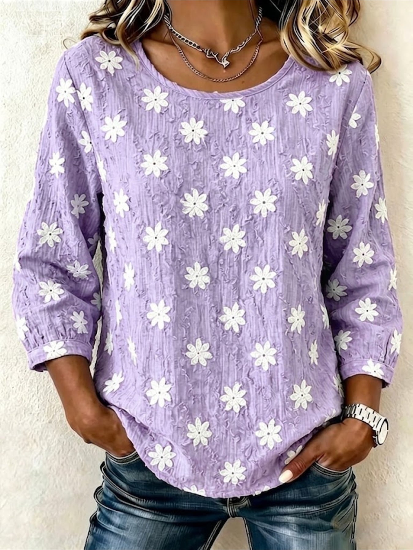 Crew Neck Half Sleeve Star Printing Regular Blouse