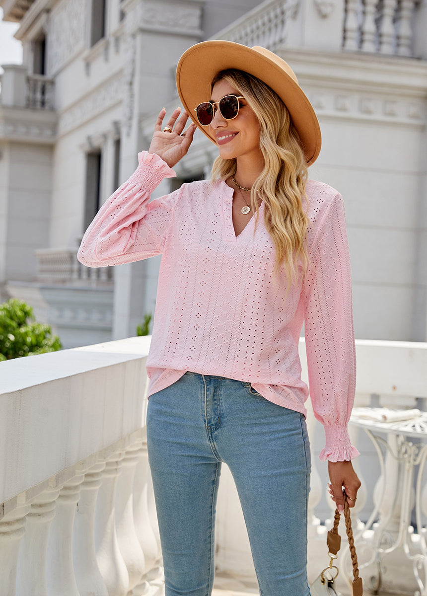 Solid Color Hollow Pleated Ruffle Sleeve V-Neck Loose Long Sleeve Top