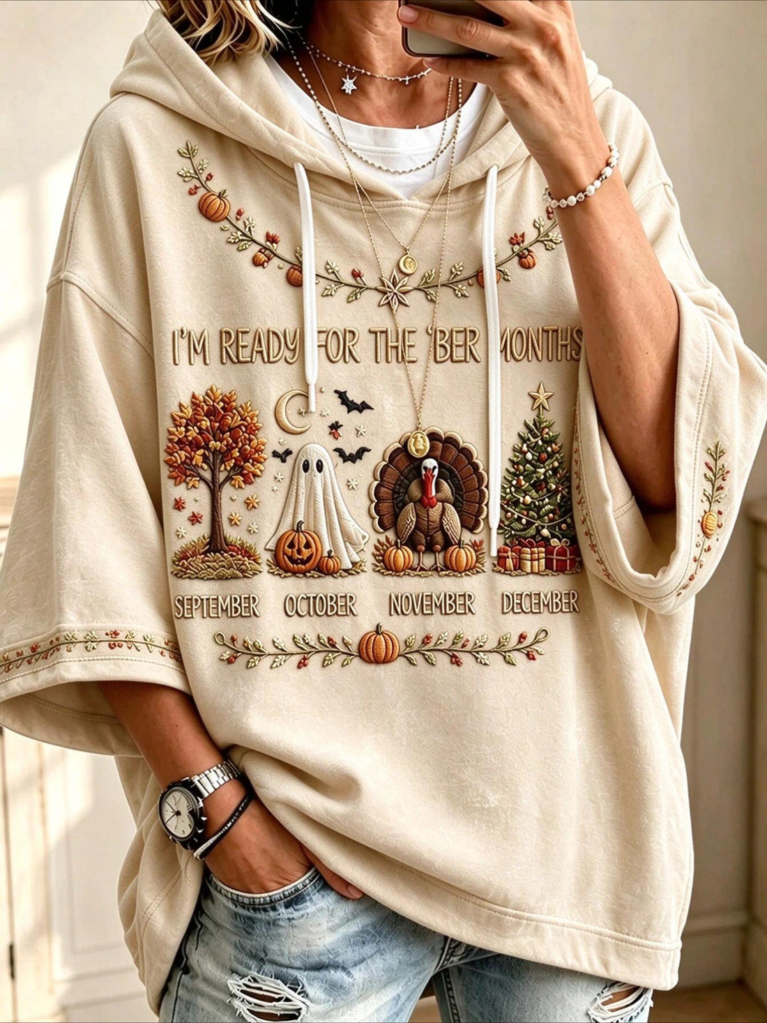 Casual Maple Leaf Printing Half Sleeve Hoodie