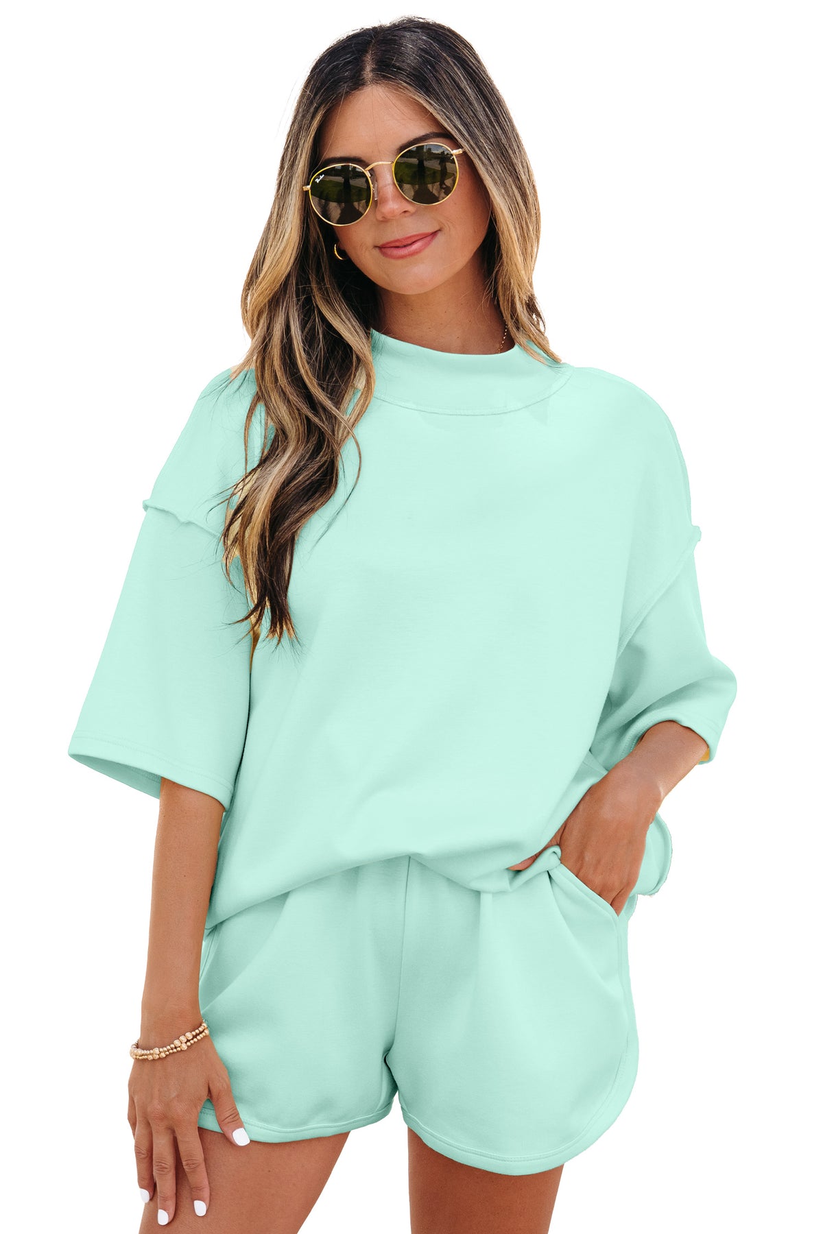 Moonlight Jade Solid Color Exposed Seam Mock Neck Oversize Tee Casual Shorts 2pcs Outfit