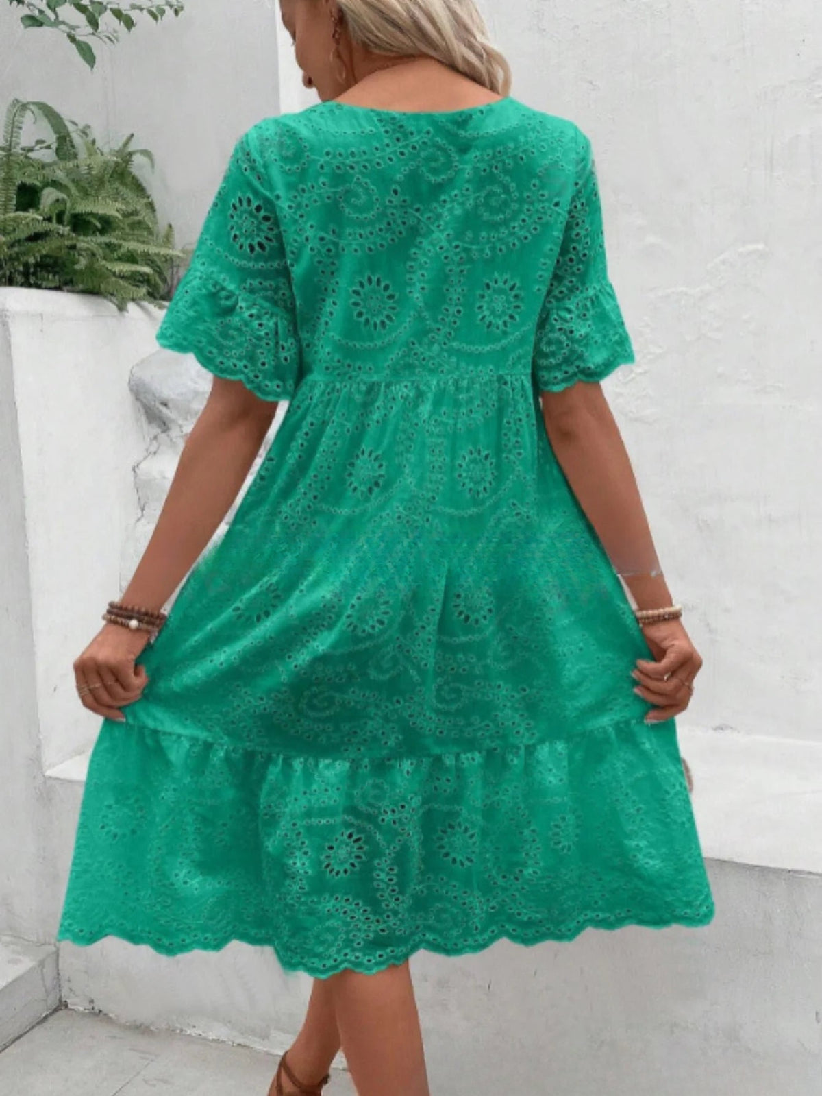Embroidered Dress with a Hollowed-Out Lining in a Pure Color