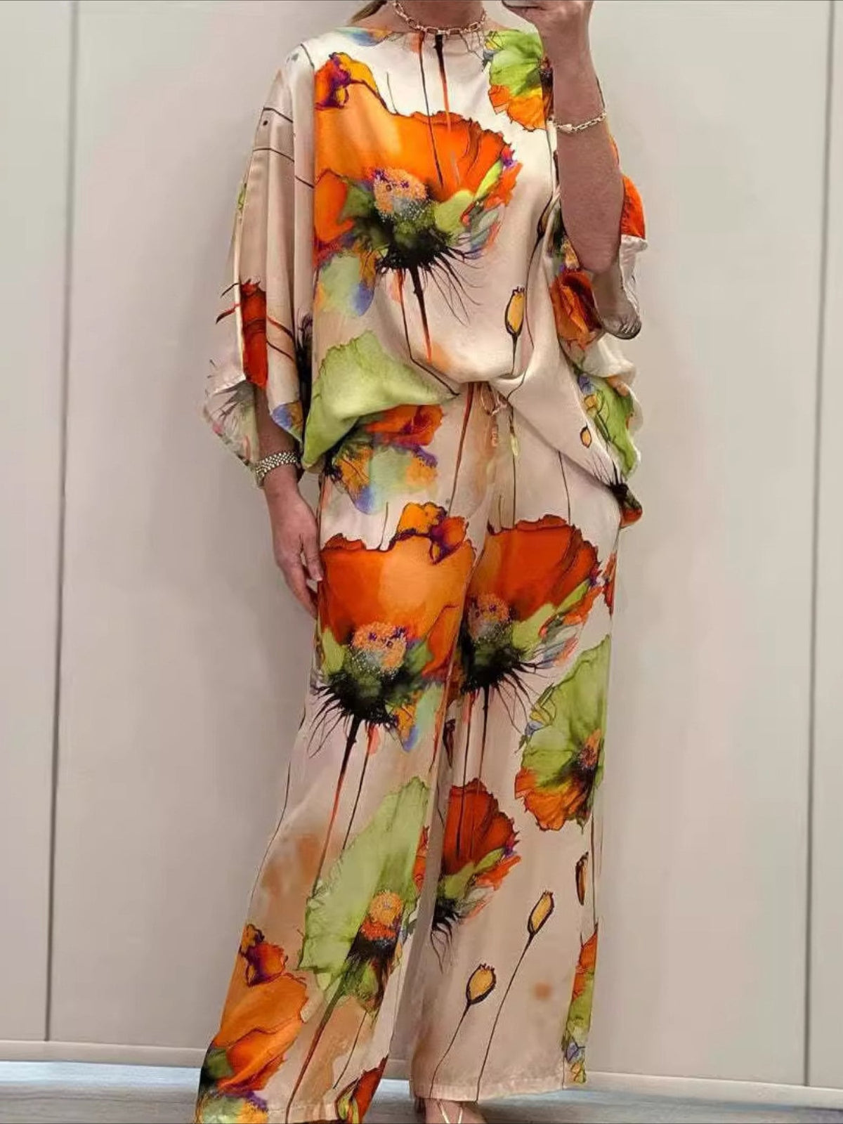 2 Pieces 3/4 Length Sleeve Crew Neck Floral Print Casual Pants Sets