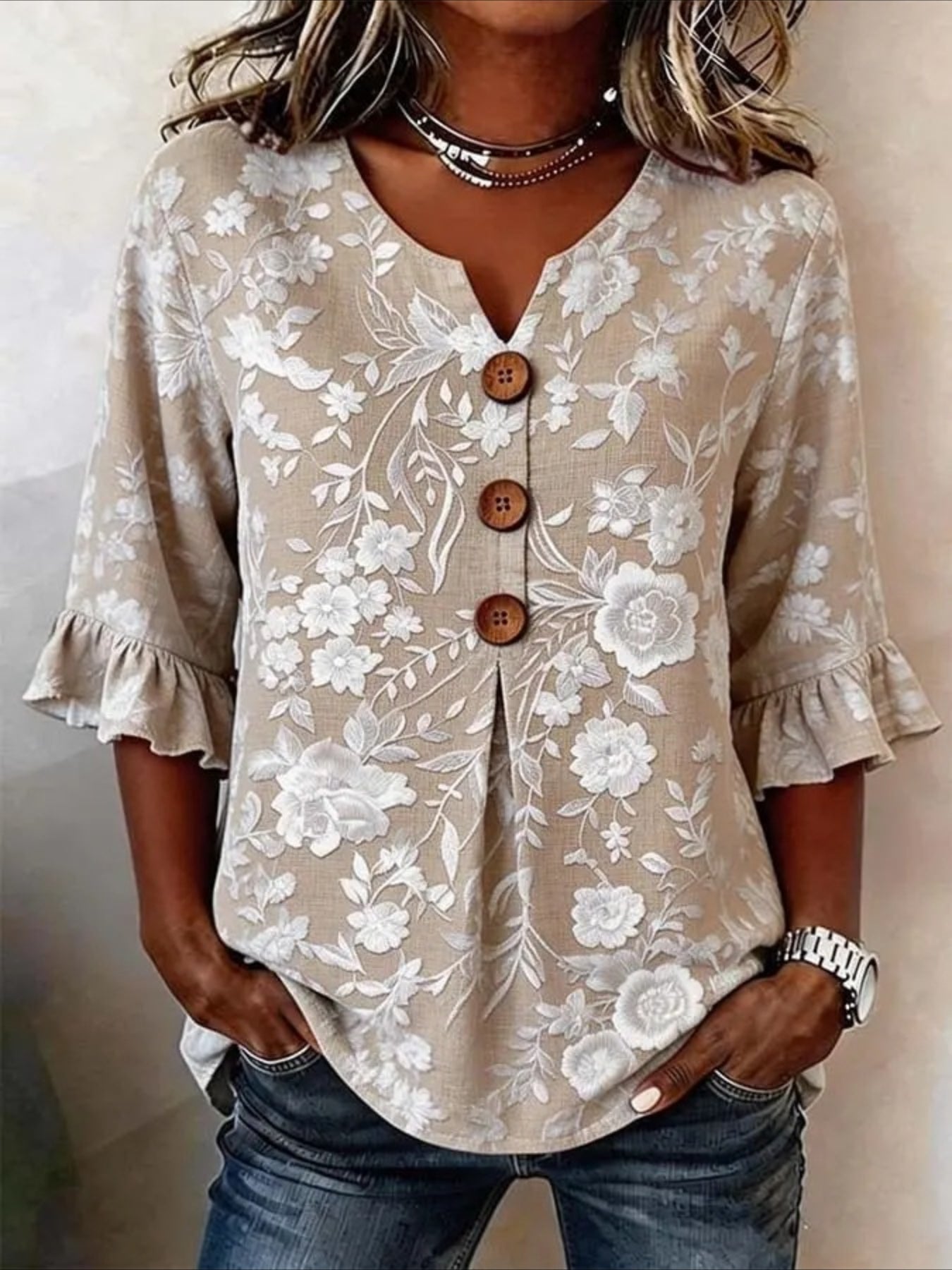 Floral V Neck Button Short Ruffle Sleeve Casual Top