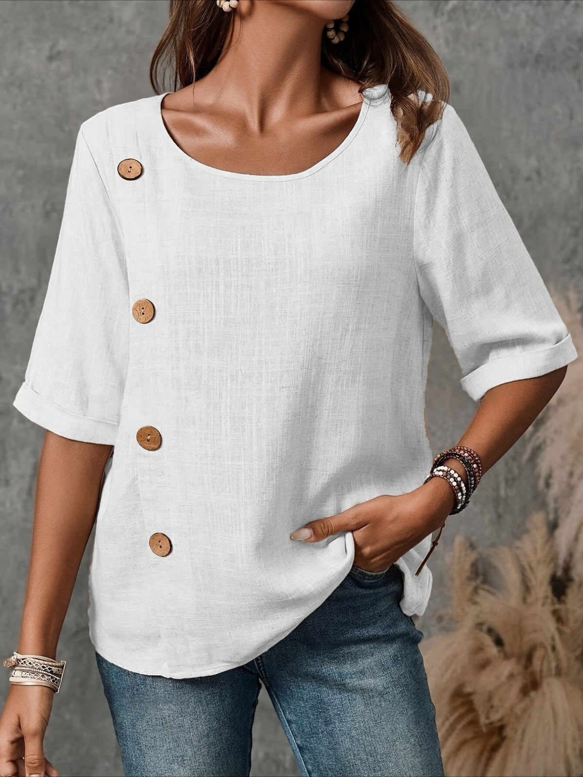 Vintage-Inspired Button-Up Round Neck Blouse with Puffed Sleeves