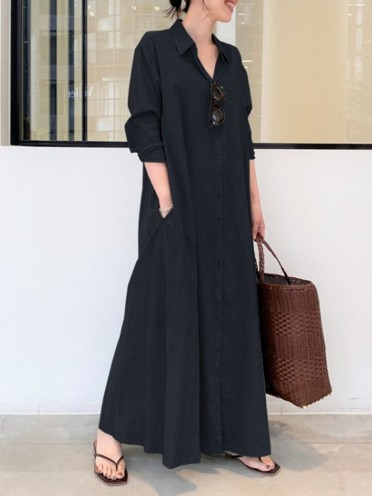 Solid Color Single Breasted Simple Dress, Elegant Long Sleeve Maxi Loose Dress