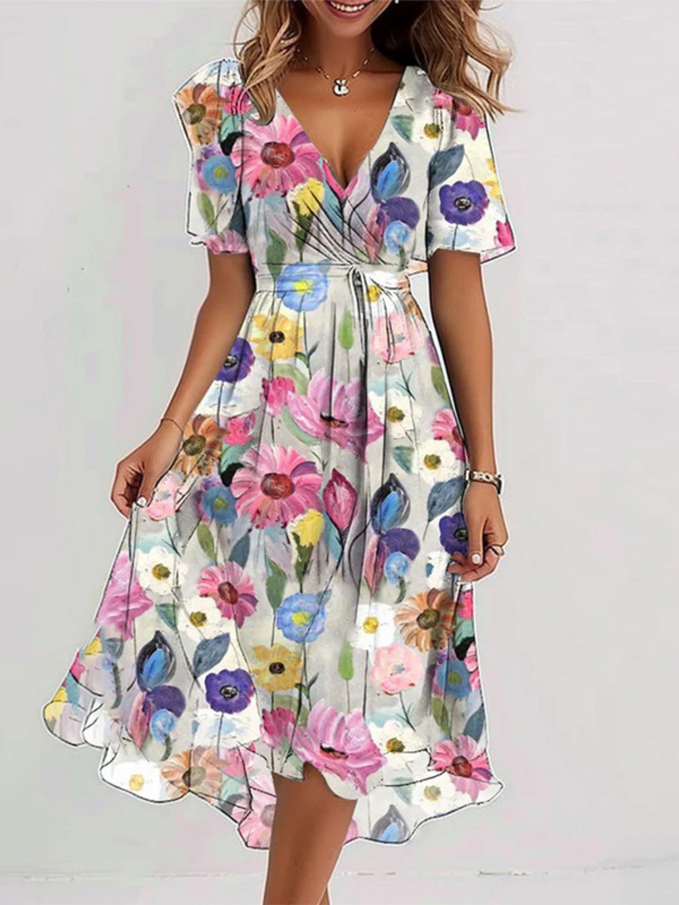 Short Sleeve V-Neck Floral Dress