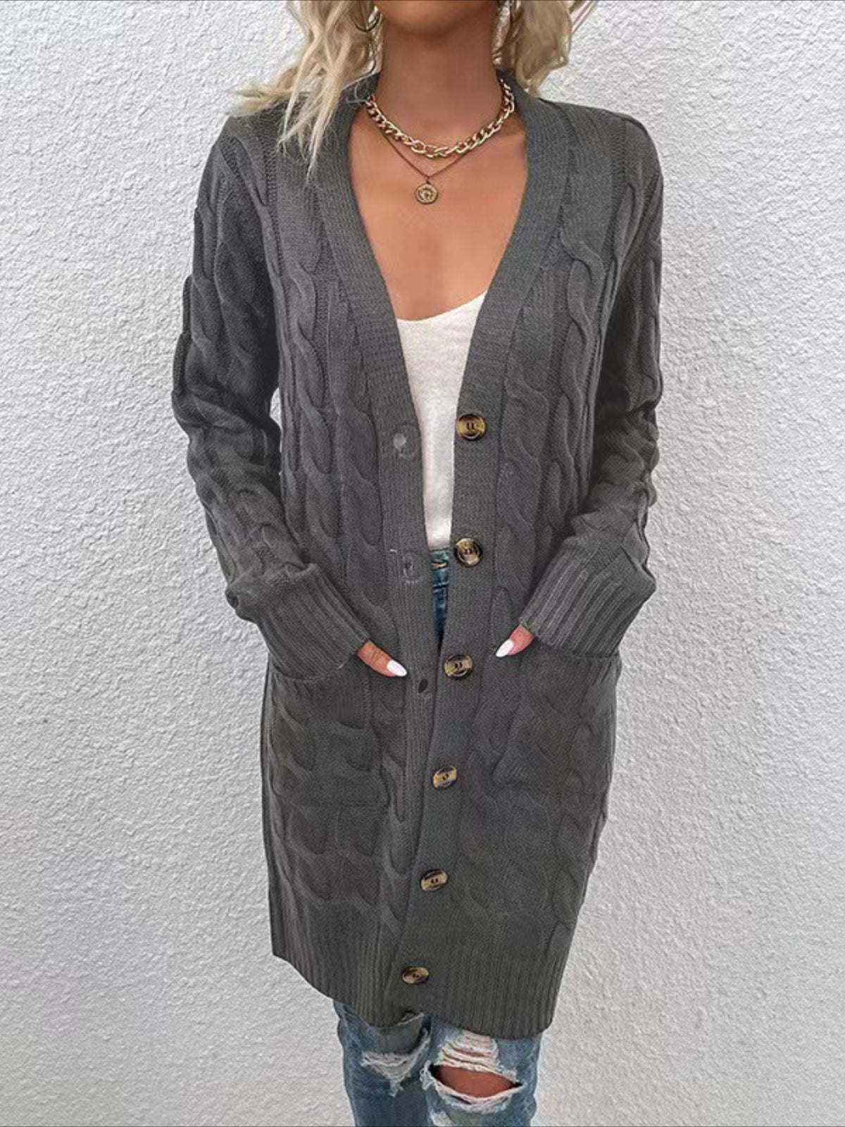 Elegant Long Nylon Soft Warm V-Neck Long Sleeves Sweater with Button Front