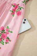Pink Notched Neck Flutter Short Sleeve Floral Print Maxi Dress