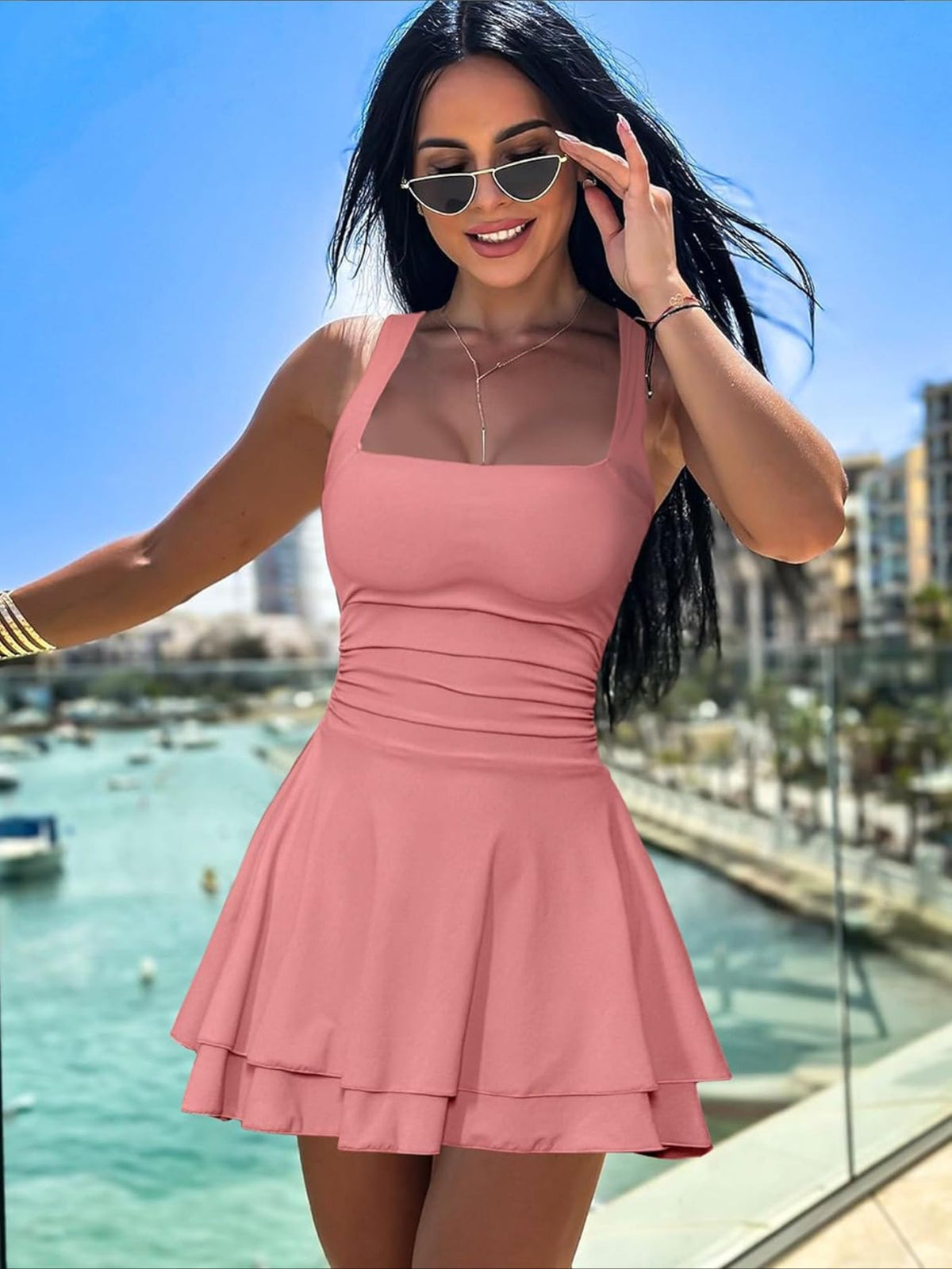 Solid Color Square Neck Ruffle Hem Ruched Waist Mini Dress