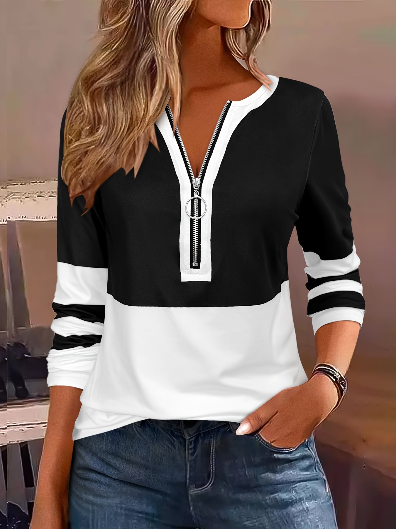 Stylish Color Block V-Neck Long Sleeve T-Shirt with Zipper Detail