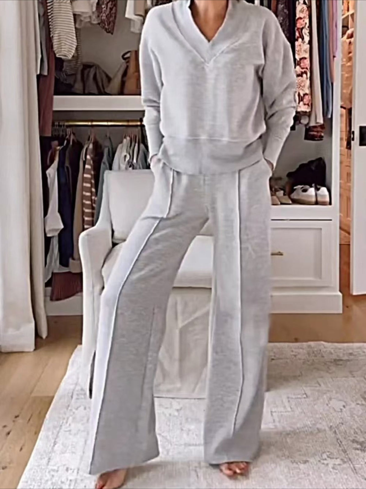 Split Joint Plain Daily Going Out Casual Spring/Fall Top With Pants Matching Two-Piece Set