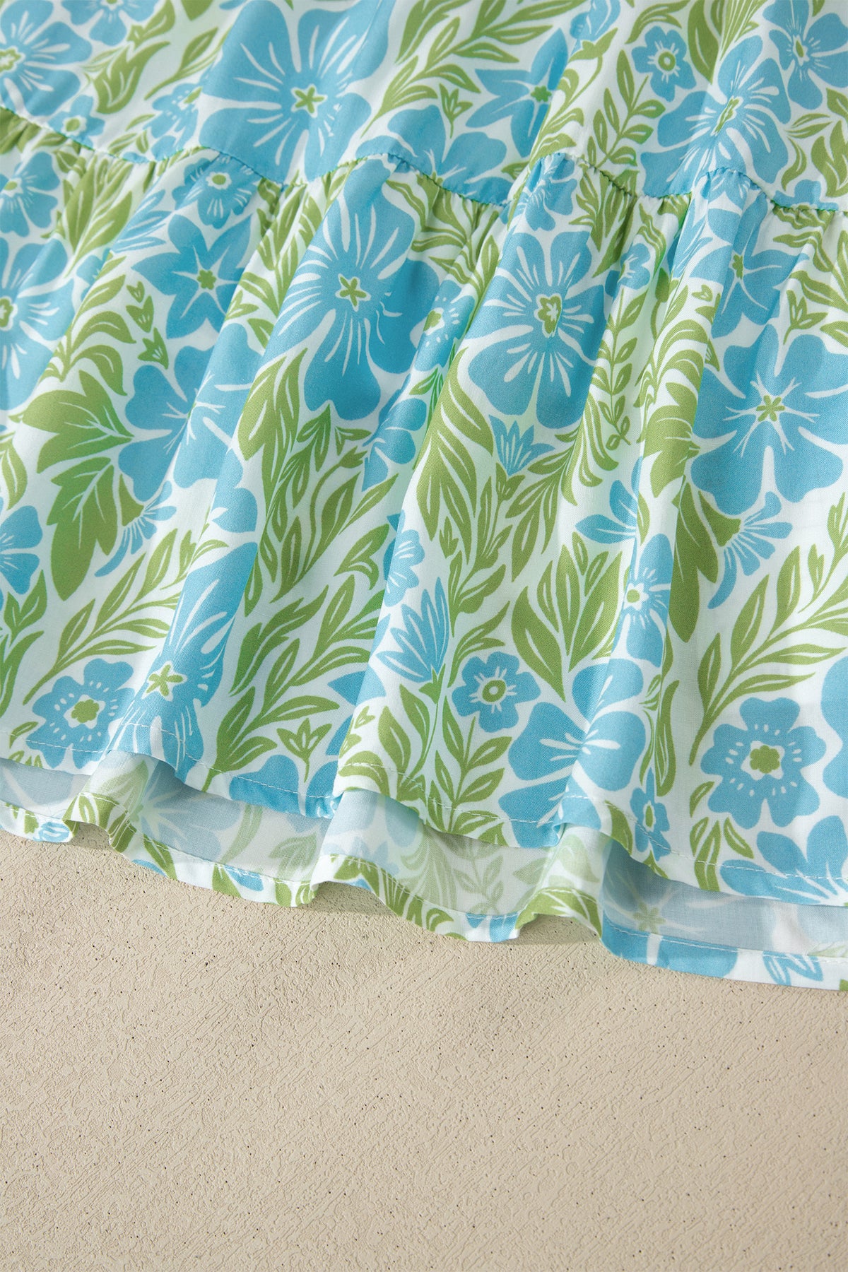 Sky Blue Floral Print High Waist Ruffle Short Sleeve Mini Dress
