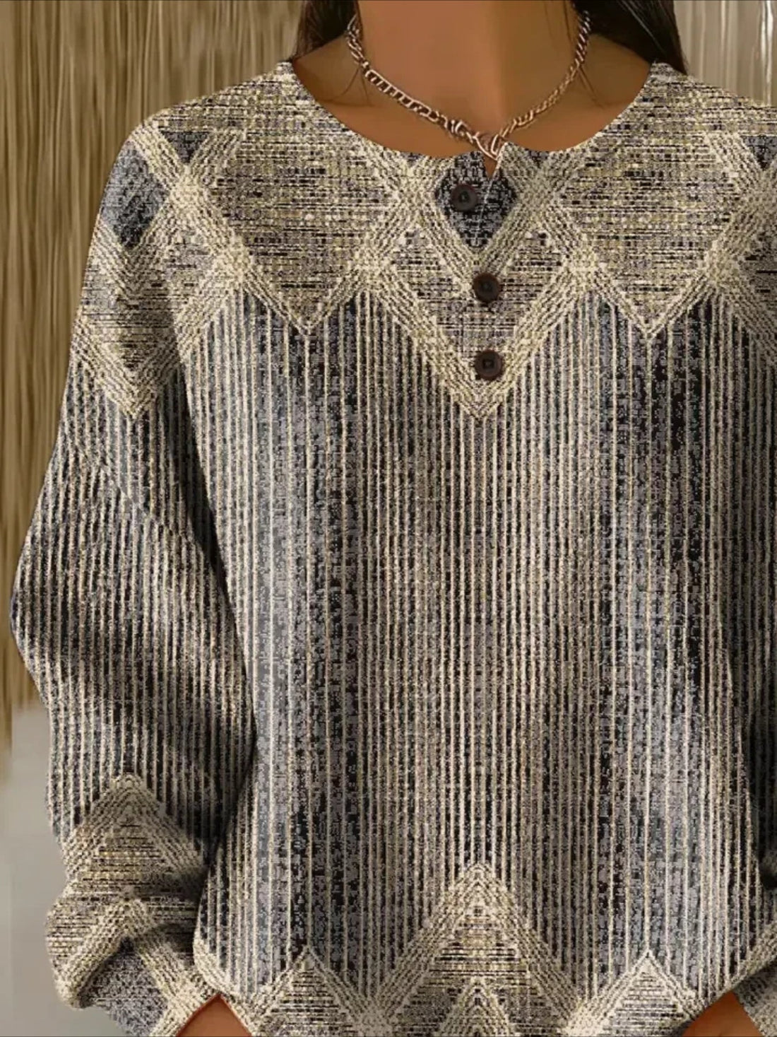 Ribbed V Neck Braided Print Long Sleeve Regular Sweatshirt