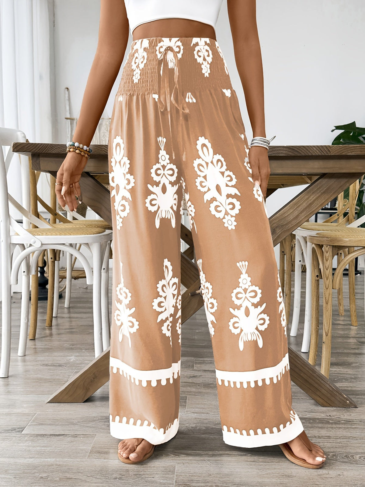 Elegant High-Waisted Chic Green Floral Print Wide-Leg Pants for Women