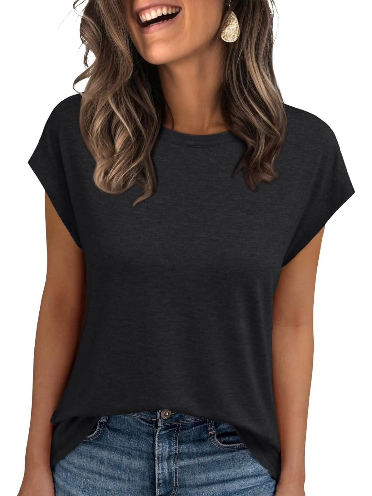 Solid Color Round Neck Cap Sleeve T Shirts