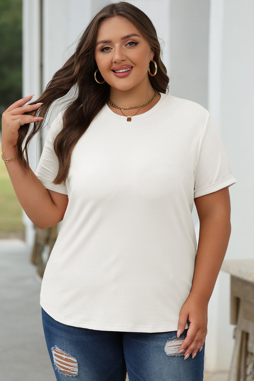 White Casual Plain Crew Neck Tee