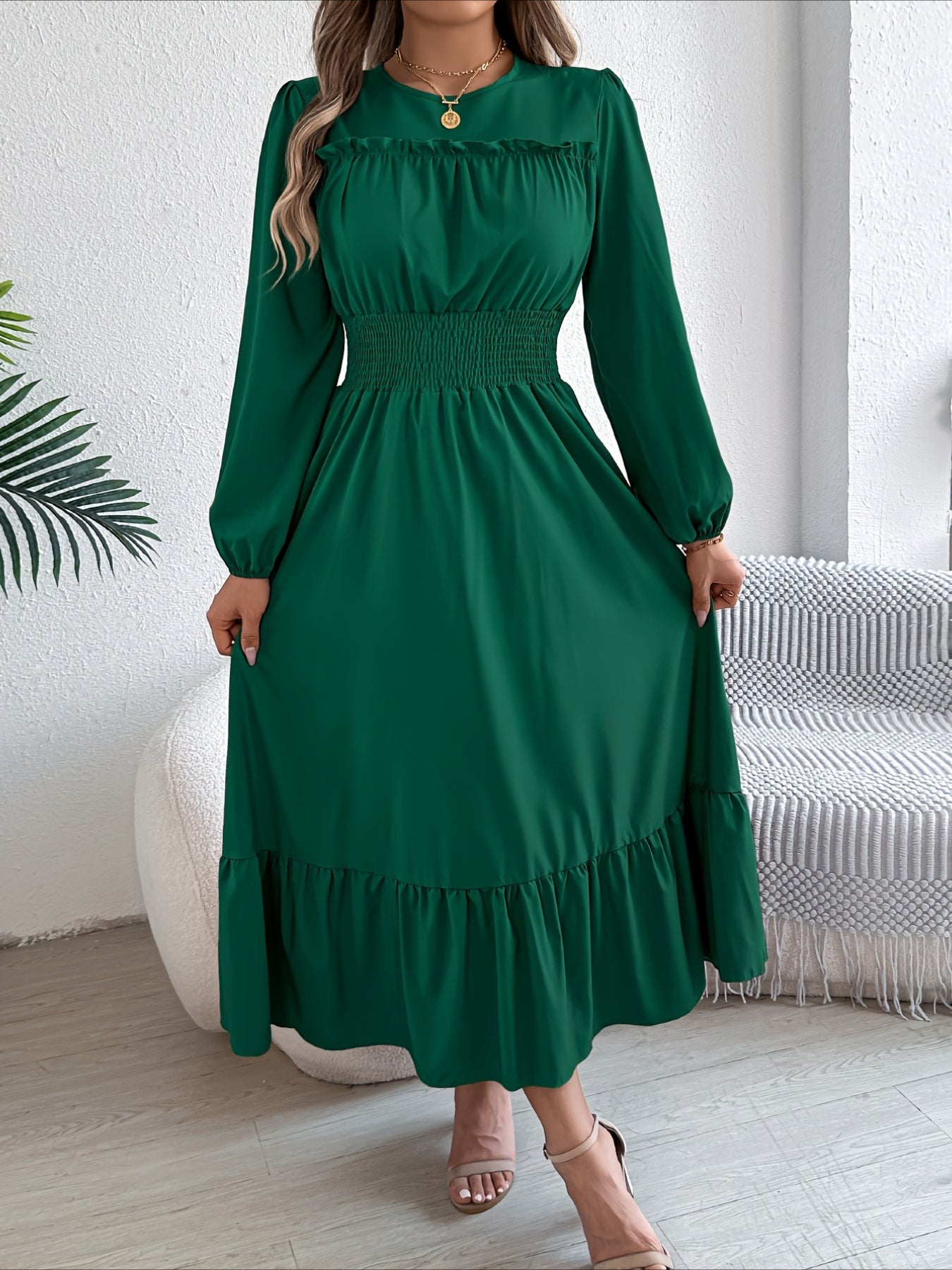 Elegant Long Sleeve Hem Round Neck Dress