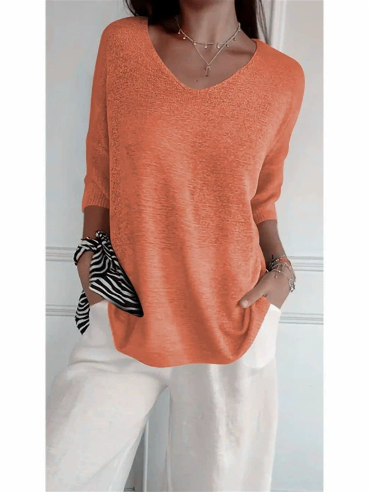 Lightweight Soft Casual 3/4 Sleeves V-Neck Sweater