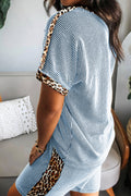 Sky Blue Leopard Trim Twist Ribbed Short Set