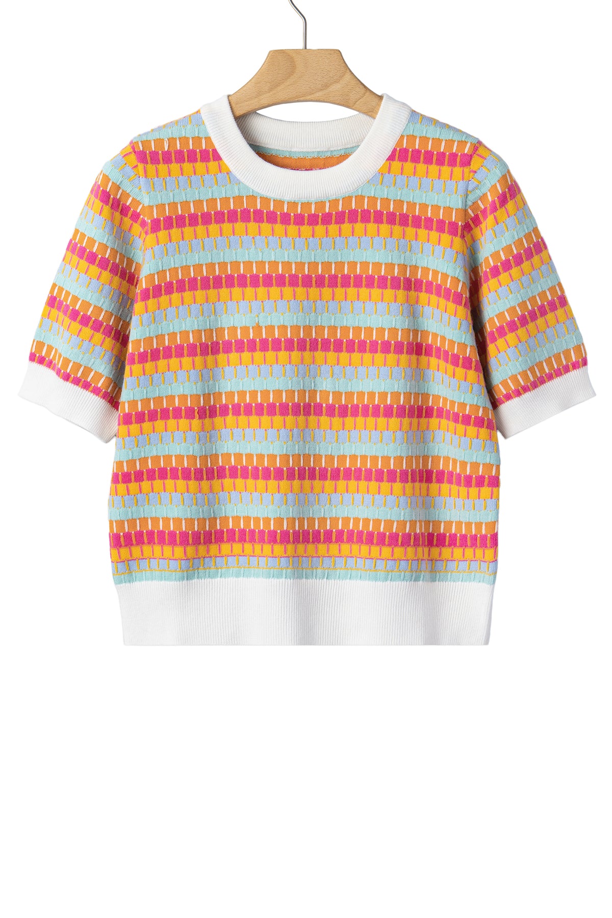 Orange Abstract Striped Knit Short Sleeve Sweater