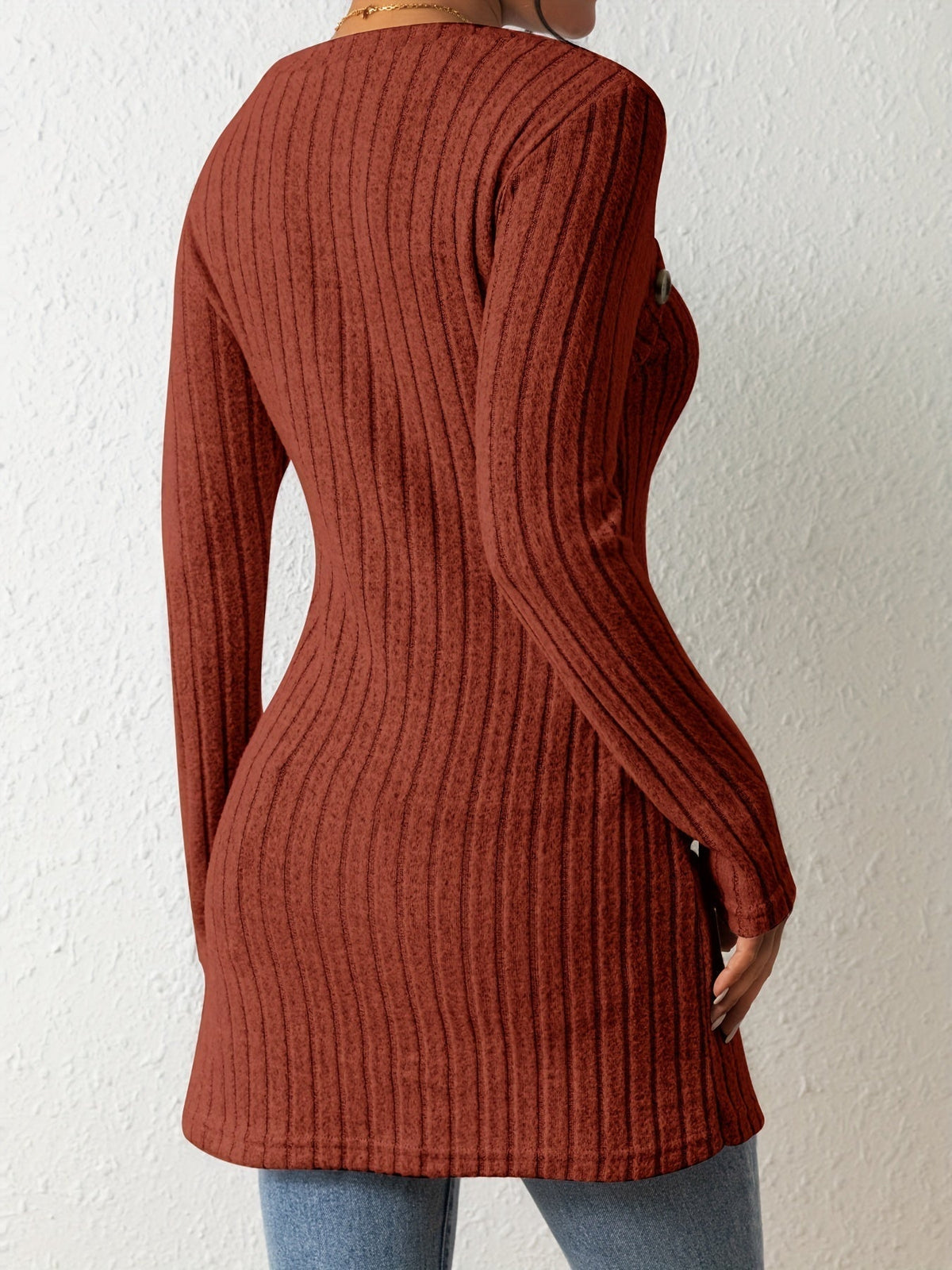 Button Decor Asymmetrical Hem T-Shirt, Casual Ribbed Long Sleeve Top