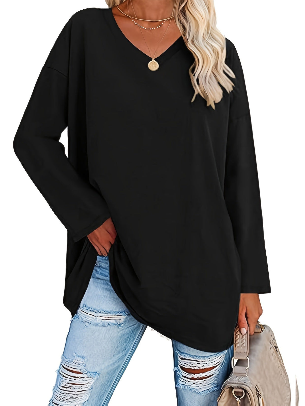 Women's Solid Color Oversized Tops, V-Neck Long Sleeve T-Shirts, Casual Loose Shirts
