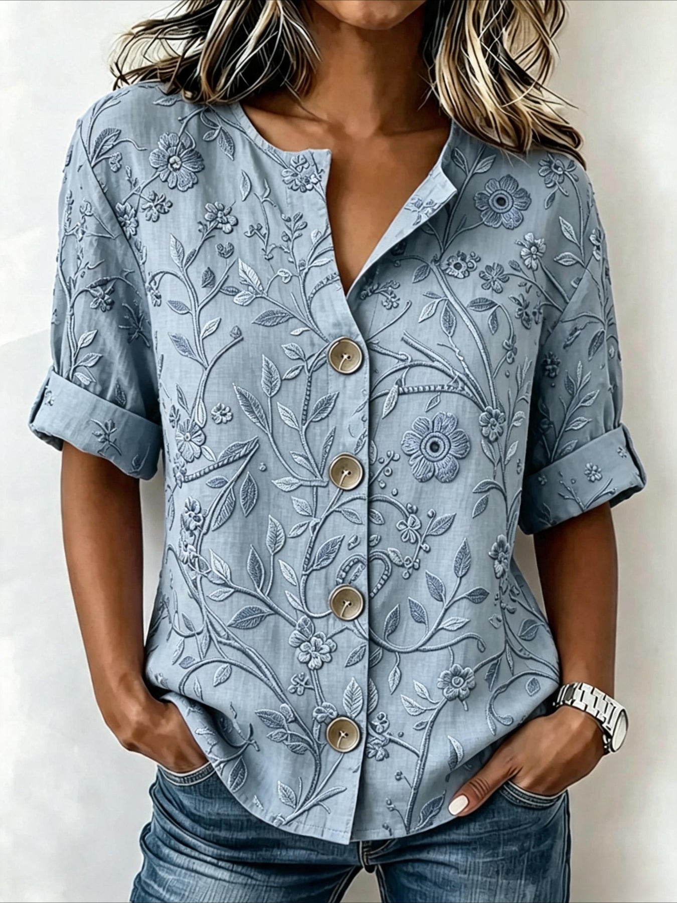 Floral Loose Stand Collar Simple Linen Blend Long Sleeve Shirt