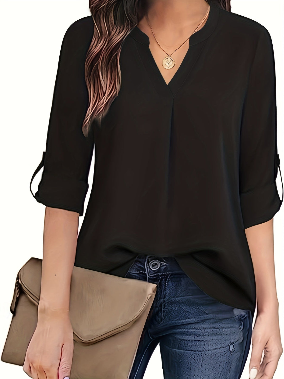 Solid Simple Blouse, Casual V Neck Long Sleeve Blouse