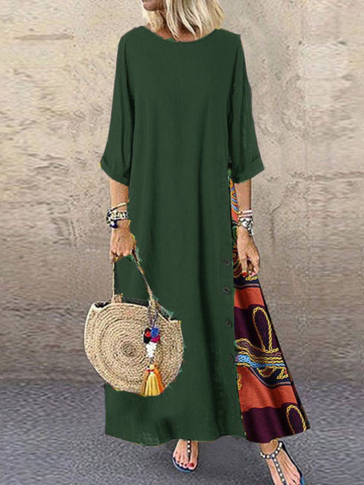 Tribal Print Crew Neck Panel Dress, Casual Long Sleeve Loose Maxi Dress