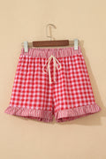 Red Gingham Print Ruffle Striped Detail Lace Tie Shorts