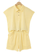 Yellow Cream Loose Polo Tee Elastic Waist 2pcs Short Set
