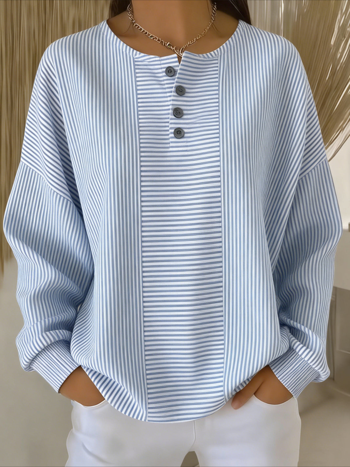 Stipe Printed V Neck Long Sleeve Regular Sweatshirt
