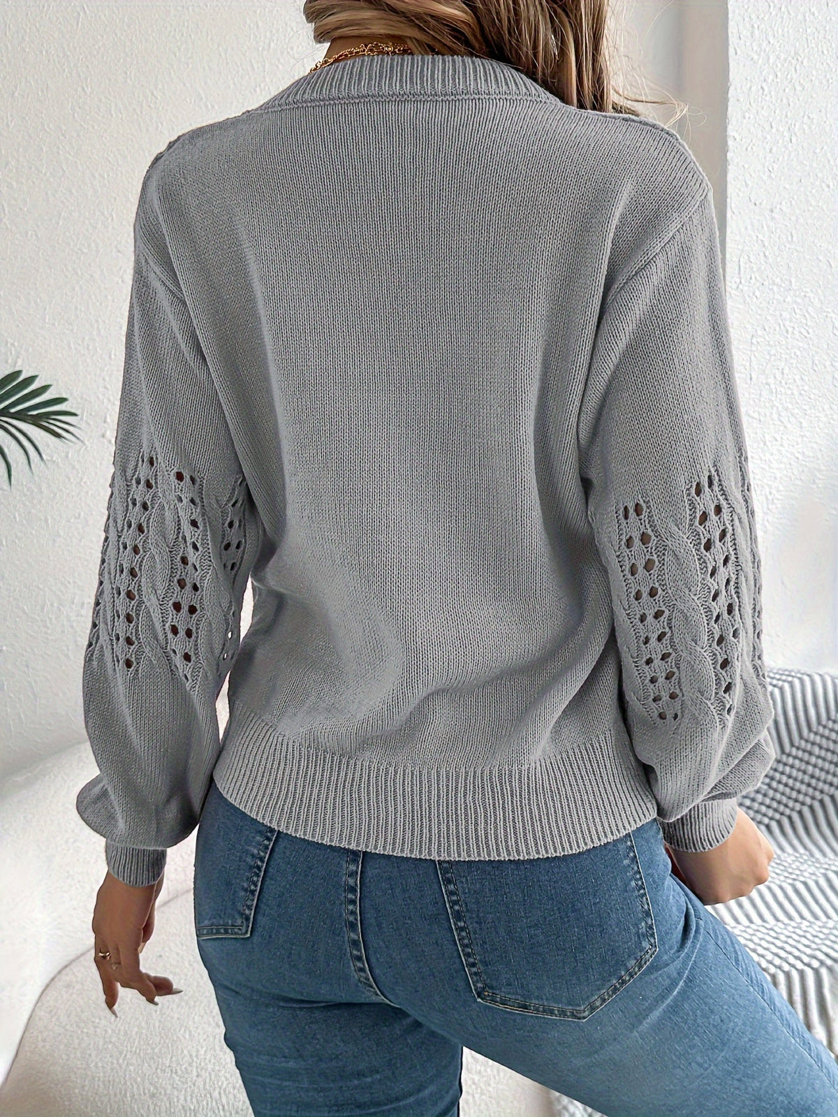Pointelle Knit Solid Pullover Sweater, Casual Vacation Style Long Sleeve Crew Neck Sweater
