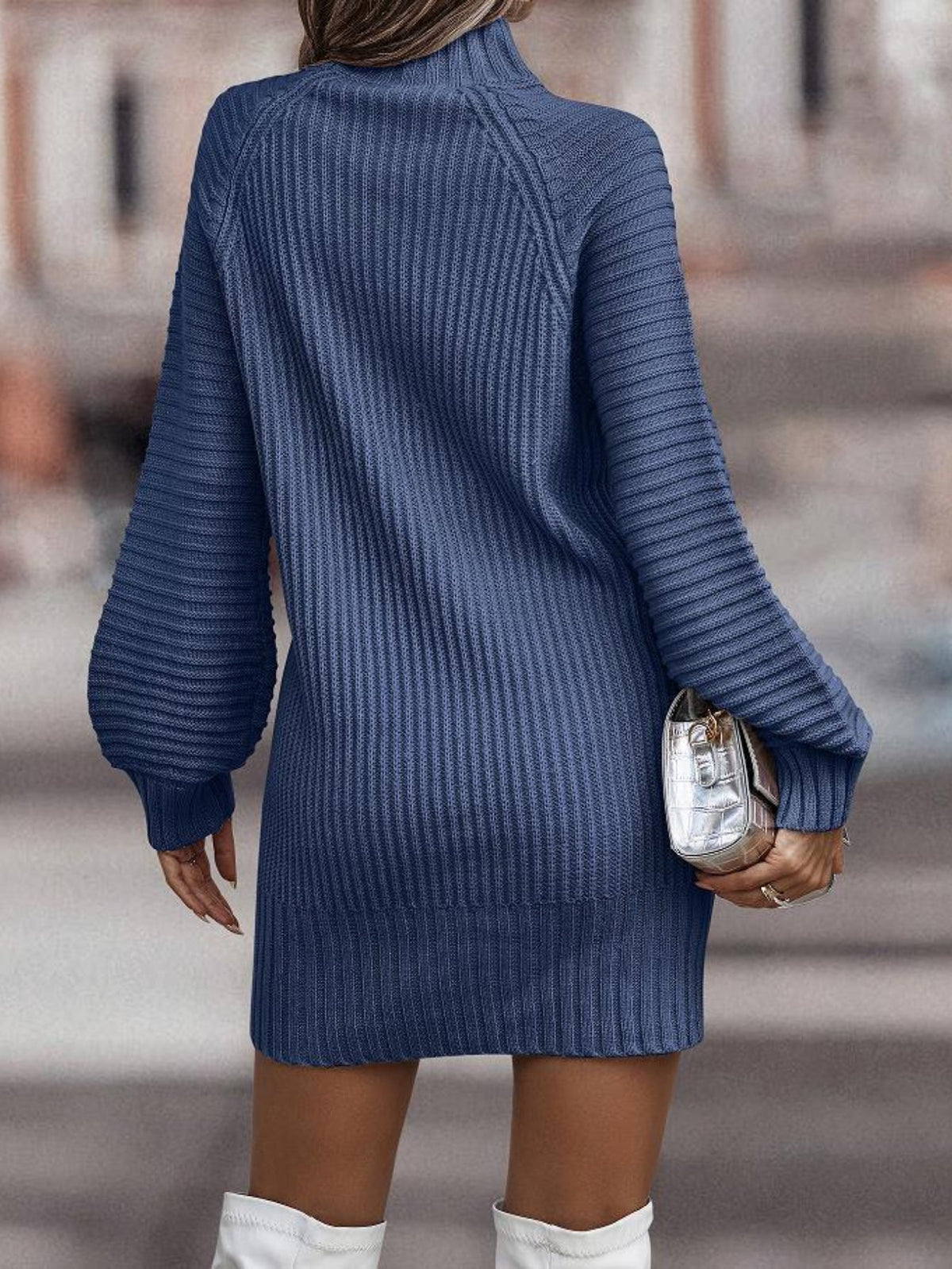 1pc Women'S Casual Acrylic Midi Sweater Dress - High Neck, Solid Color, Knit Fabric