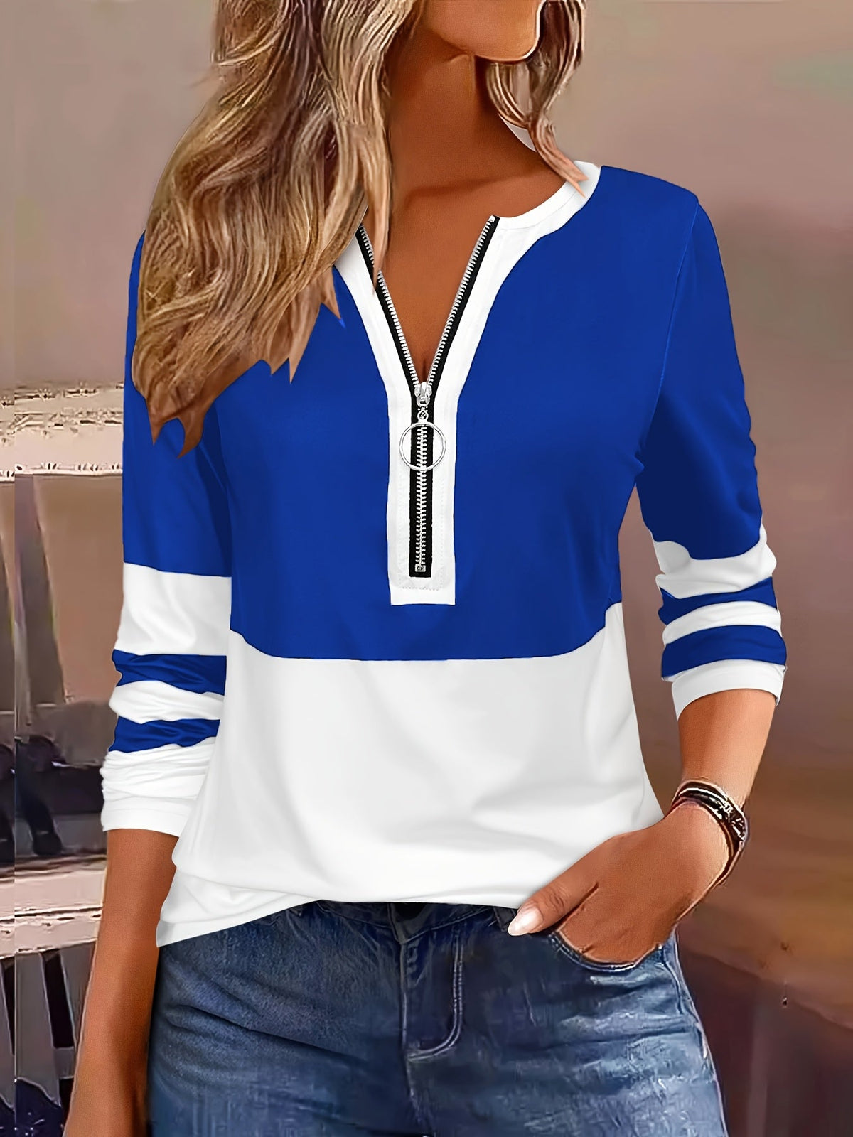 Stylish Color Block V-Neck Long Sleeve T-Shirt with Zipper Detail